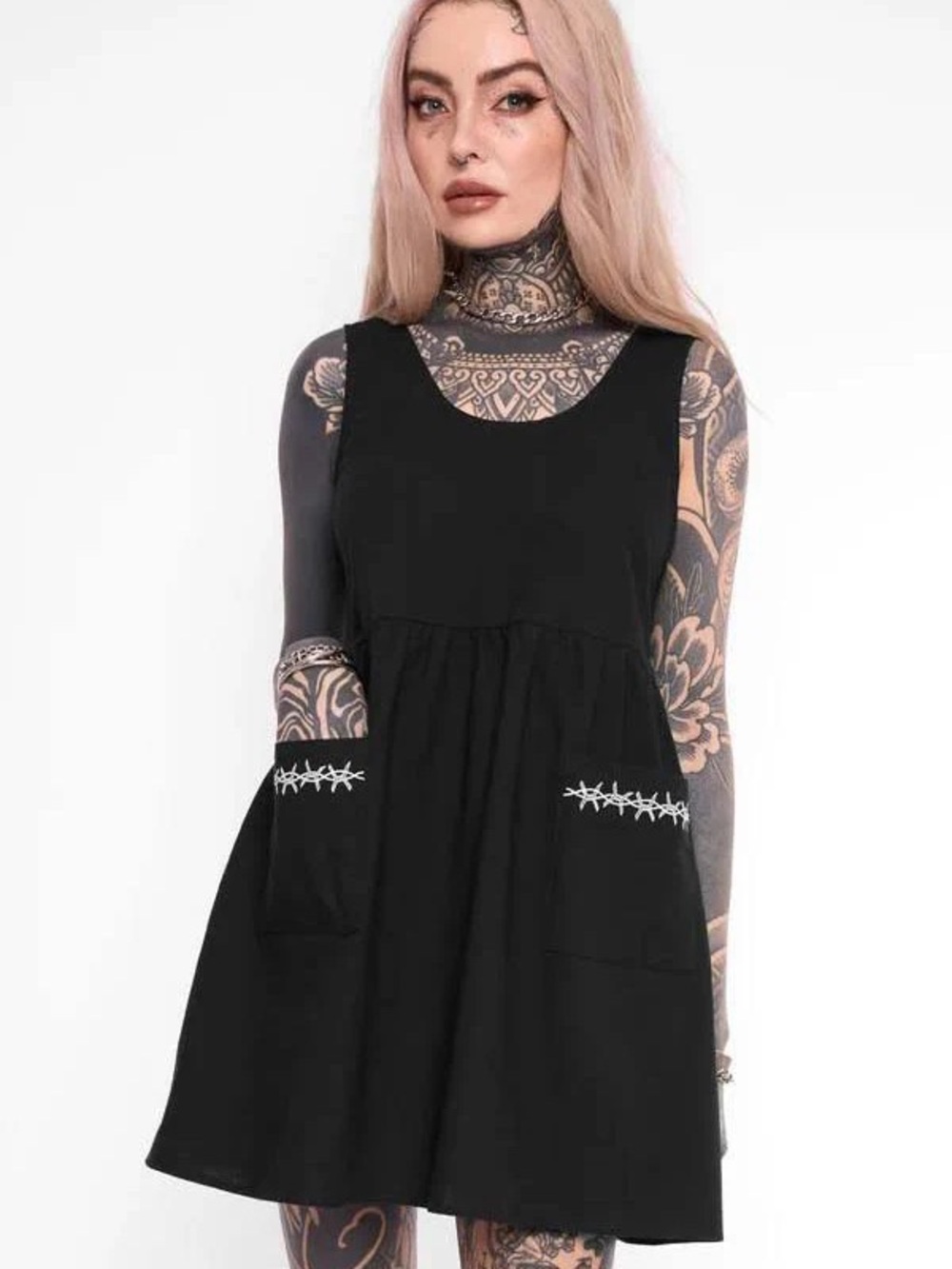 Black Sleeveless Pocket Babydoll Dress with Barbed Wire Detail